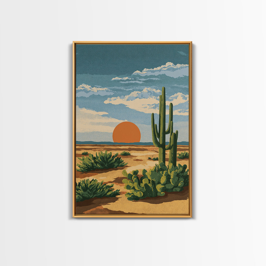 Textured Desert Cactus Sunset Canvas Print, Mid Century Modern Art, Southwestern Landscape Poster, Warm Earth Tone Decor