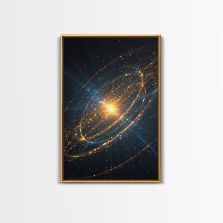 Radiant Starburst Galaxy With Golden Orbital Rings Wall Art, Cosmic Space Poster, Modern Abstract Art, Sci Fi Home Decor