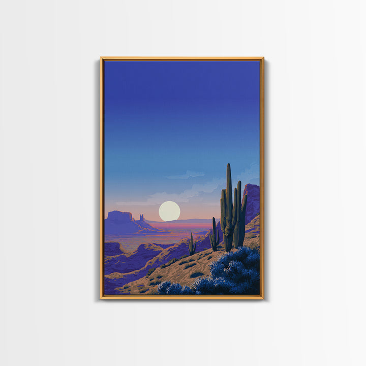 Blue Canyon Desert Moon Wall Art, Mid Century Modern Landscape Print, Cactus Travel Poster, Southwestern Home Decor For Living Room