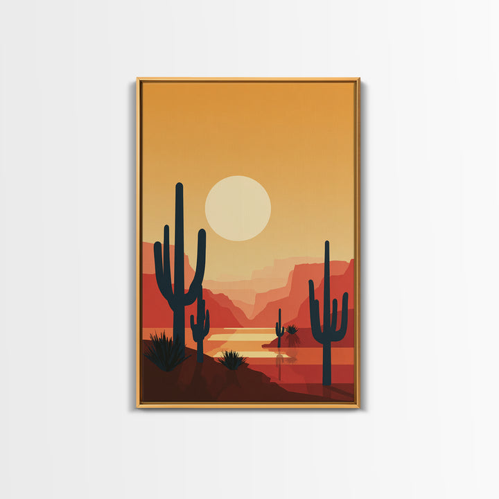 Canyon River Saguaro Sunset Canvas Print, Mid Century Modern Desert Poster, Southwestern Decor, Orange Living Room Wall Art