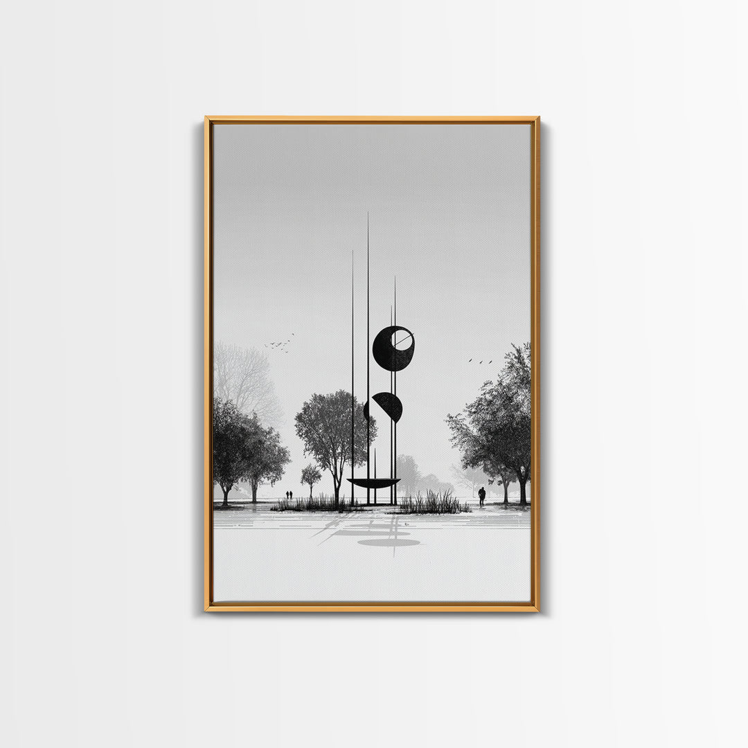 Black And White Modern Sculpture Wall Art, Minimalist Landscape Print, Contemporary Office Decor, Abstract Geometric Art