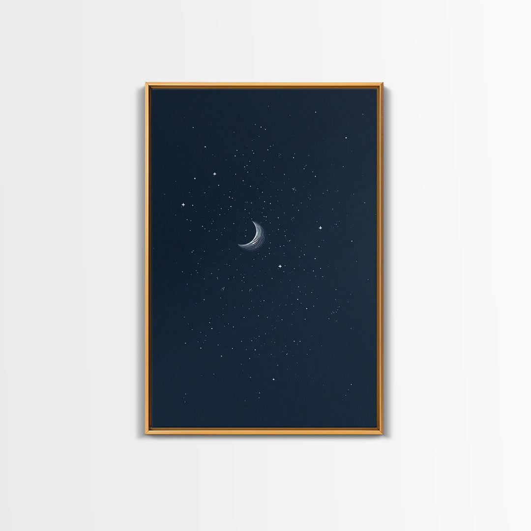 Navy Crescent Moon Starry Night Wall Art, Minimalist Celestial Print, Blue Bedroom Decor, Spiritual Modern Art Poster Gift