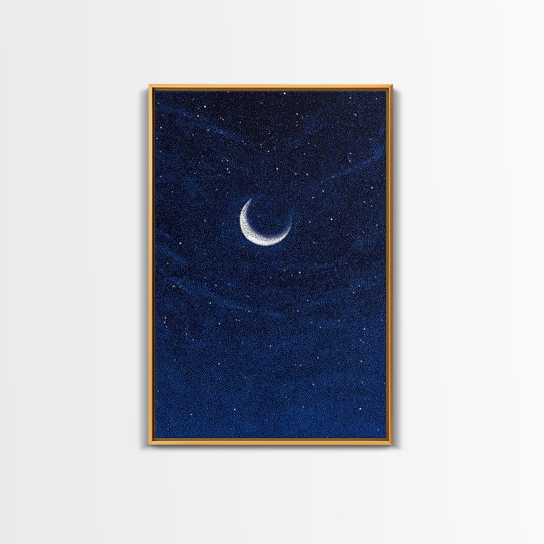Deep Blue Crescent Moon Canvas Print, Starry Night Sky Wall Art, Minimalist Celestial Decor, Modern Bedroom Art Poster Print