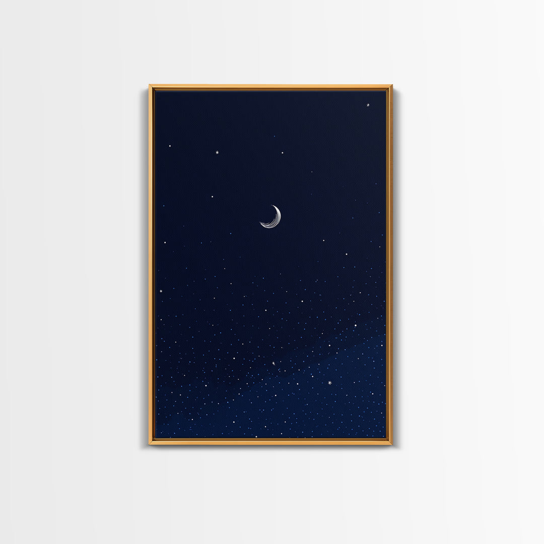 Dark Navy Crescent Moon Wall Art, Starry Sky Minimalist Print, Blue Celestial Decor, Modern Bedroom Poster, Spiritual Gift