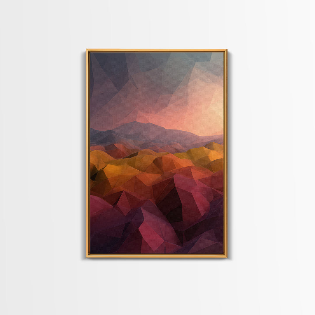 Low Poly Desert Sunset Over Red Hills Framed Canvas Print, Abstract Landscape Wall Art, Southwestern Decor, Modern Poster