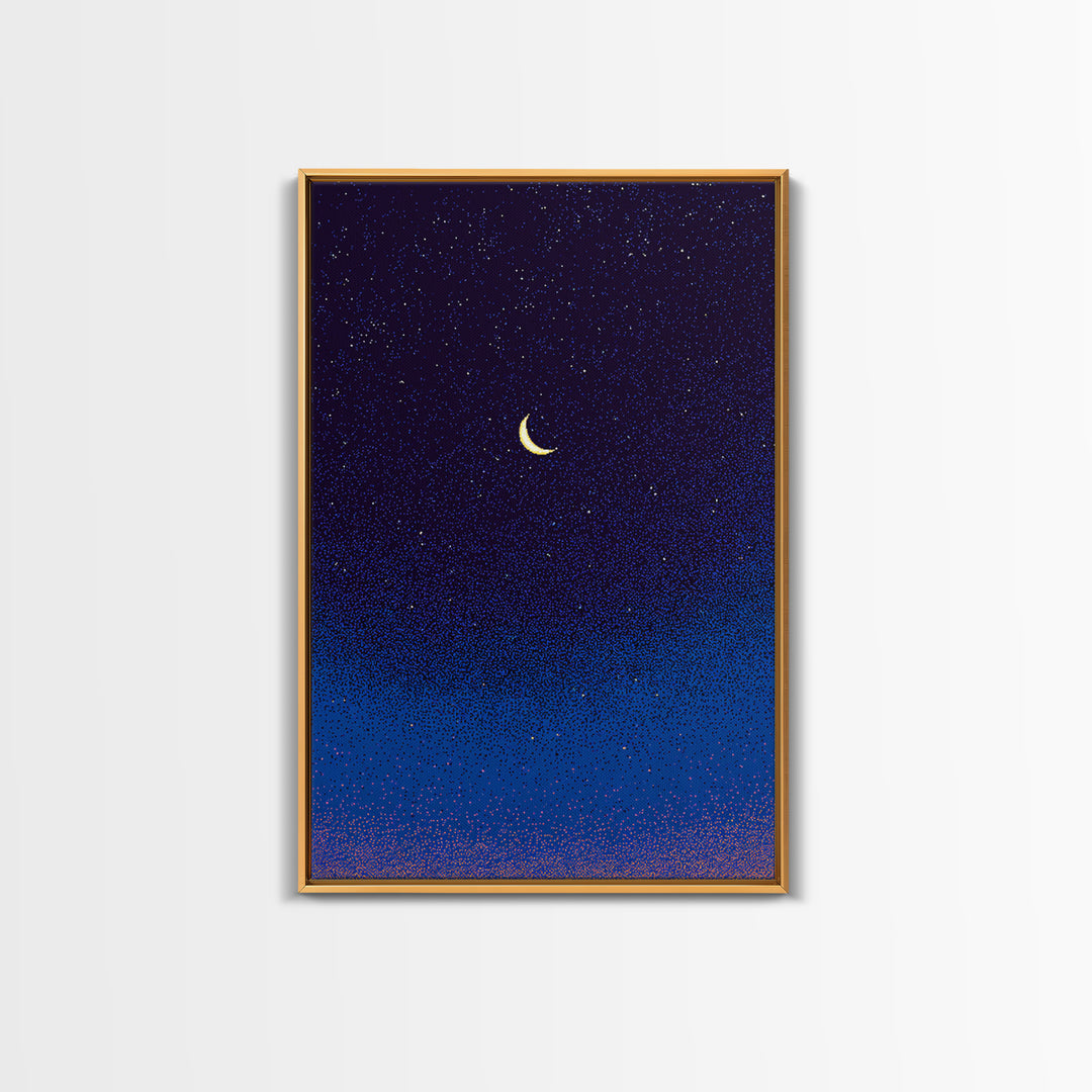 Purple Blue Crescent Moon Canvas Print, Starry Night Sky Wall Art, Celestial Bedroom Decor, Modern Spiritual Poster Gift