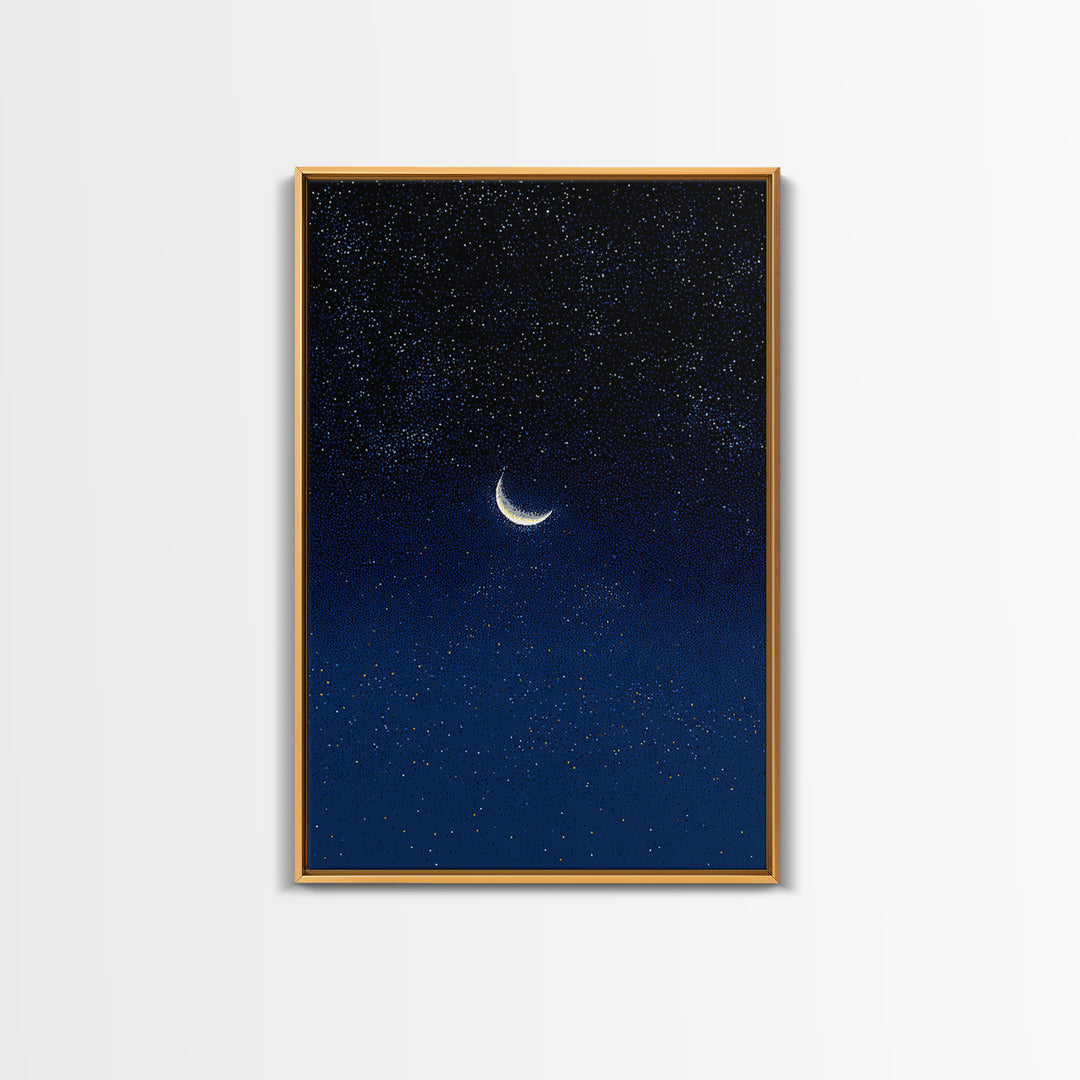 Glowing Crescent Moon Blue Star Field Canvas Print, Celestial Night Sky Poster, Modern Wall Decor, Dreamy Bedroom Art Print