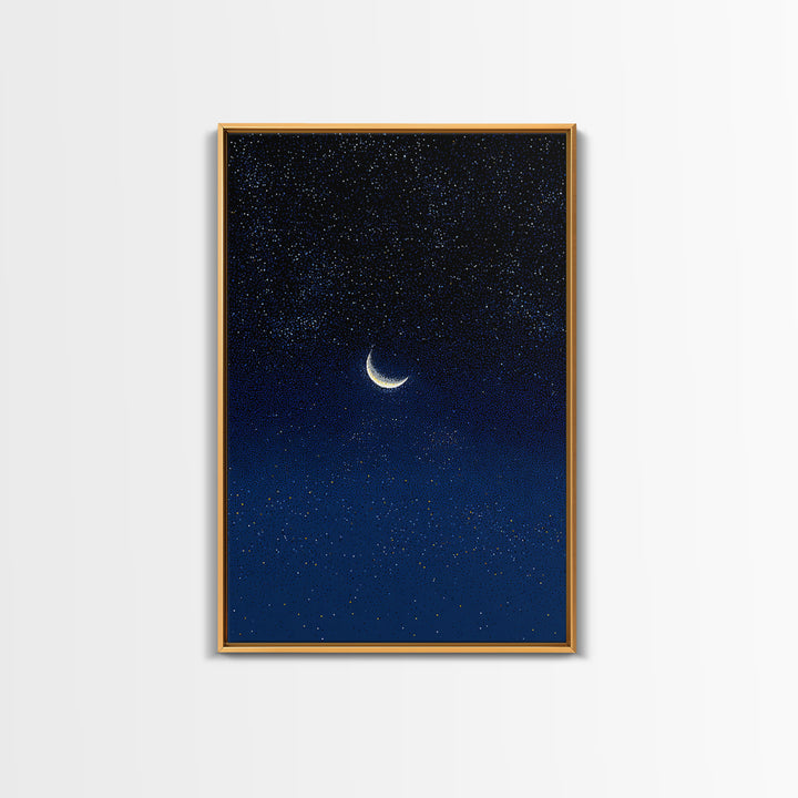 Glowing Crescent Moon Blue Star Field Canvas Print, Celestial Night Sky Poster, Modern Wall Decor, Dreamy Bedroom Art Print