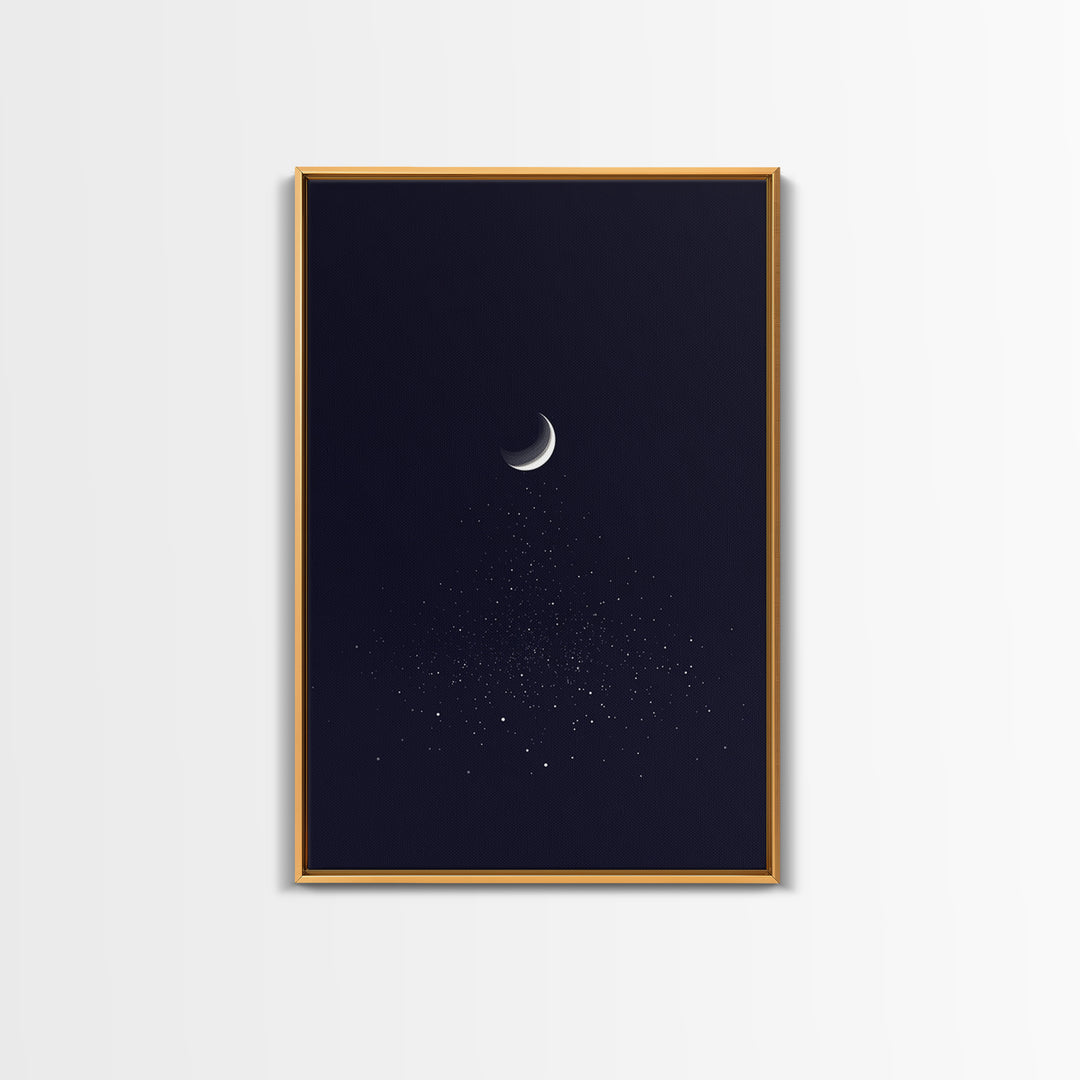 Silver Crescent Moon With Falling Stars Framed Canvas Print, Minimal Celestial Wall Decor, Navy Bedroom Art, Mystical Poster