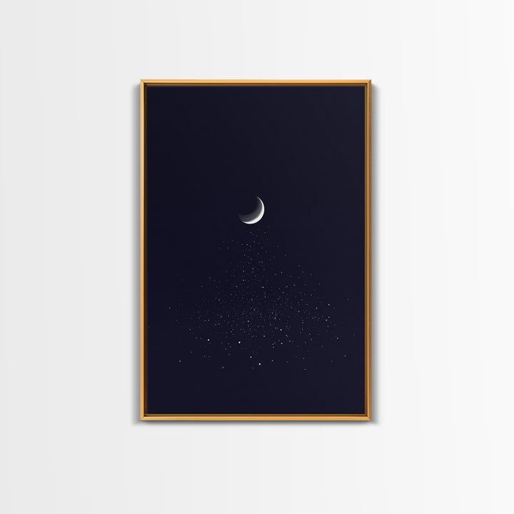 Silver Crescent Moon With Falling Stars Framed Canvas Print, Minimal Celestial Wall Decor, Navy Bedroom Art, Mystical Poster