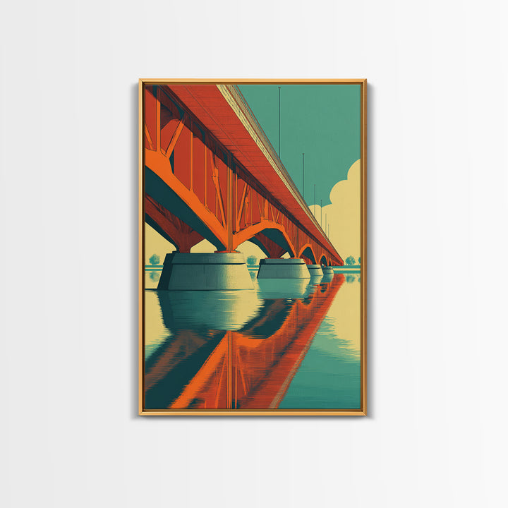 Orange Steel Bridge Reflection Wall Art, Retro Travel Poster, Midcentury Modern Decor, Architectural Art Print For Living Room
