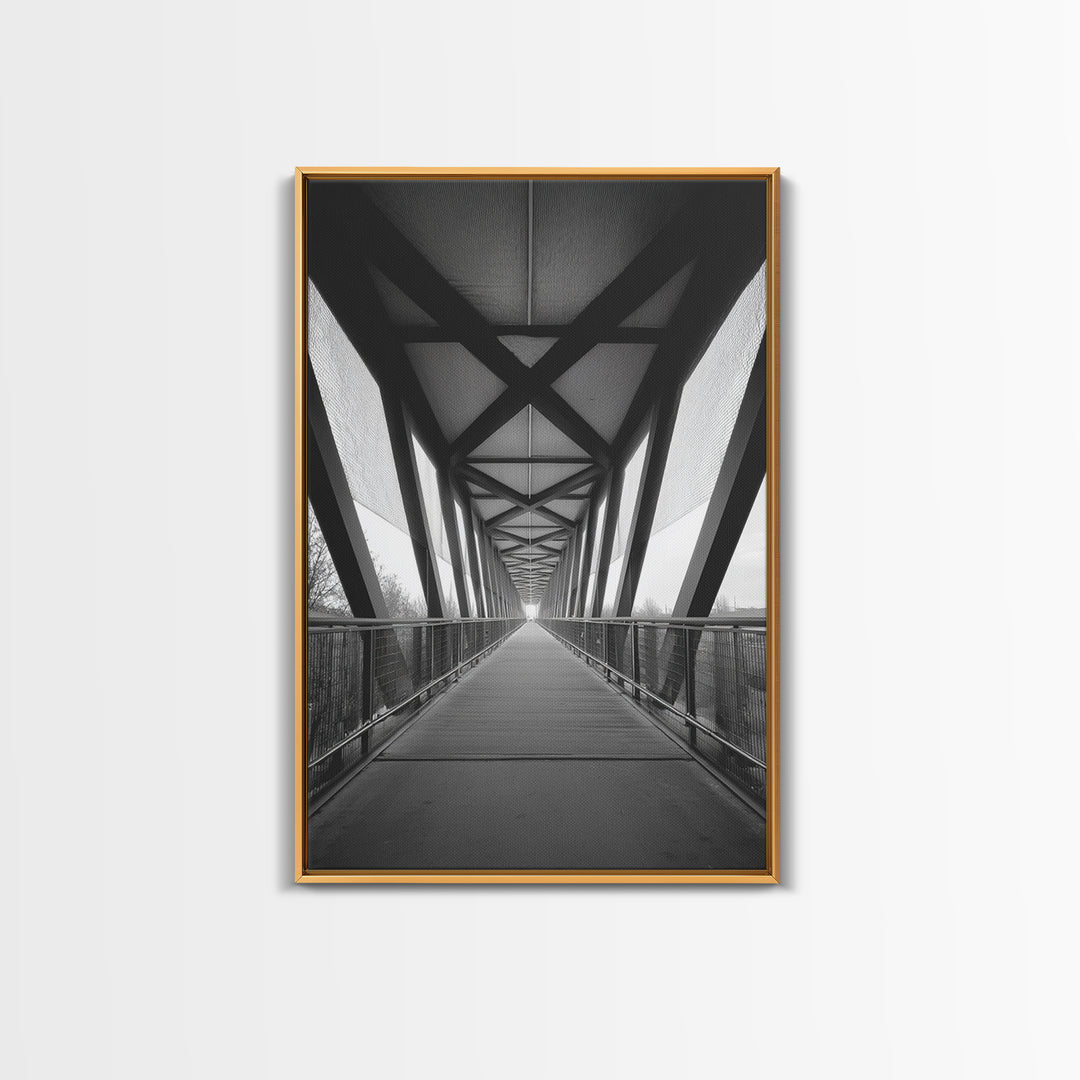 Black And White Pedestrian Bridge Wall Art, Architectural Perspective Print, Modern Office Decor, Minimalist Framed Canvas Print