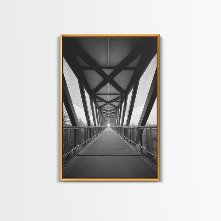 Black And White Pedestrian Bridge Wall Art, Architectural Perspective Print, Modern Office Decor, Minimalist Framed Canvas Print