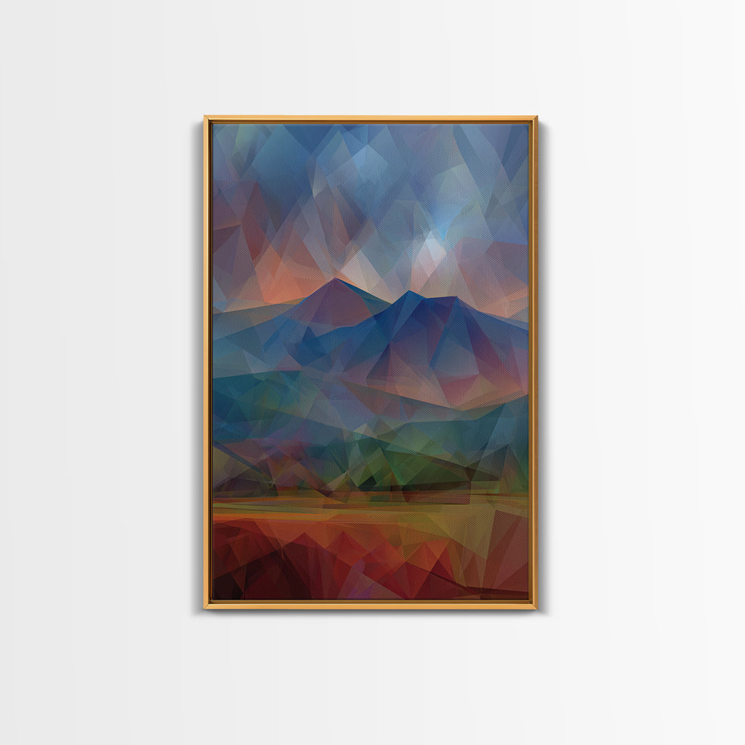 Low Poly Blue Mountain Peaks At Dusk Canvas Print, Abstract Landscape Wall Art, Modern Home Decor, Scenic Nature Poster Print