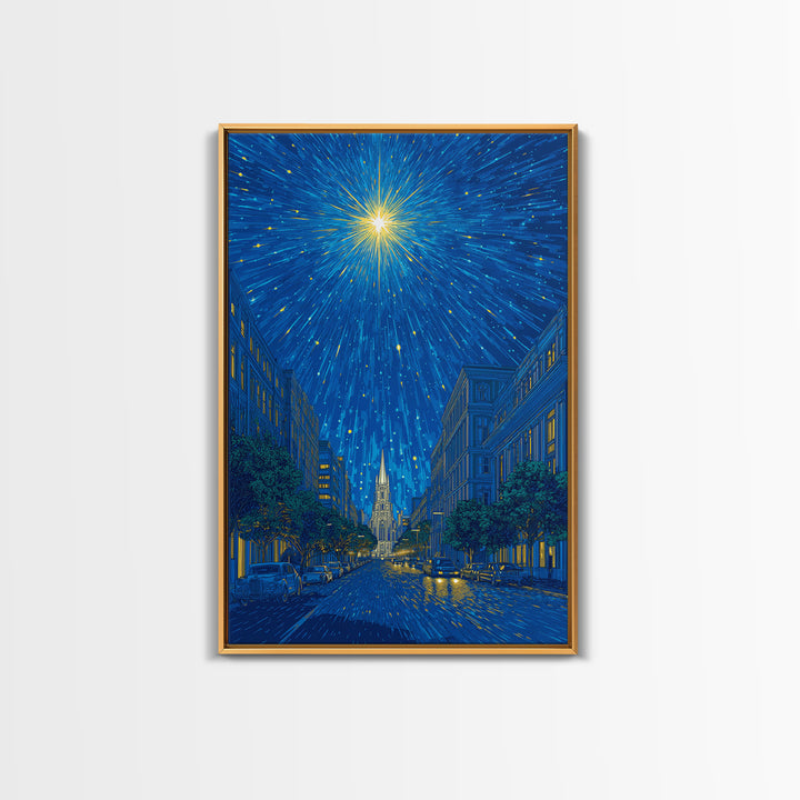 Radiant Starburst Above Blue City Street Canvas Print, Night Skyline Wall Art, Modern Travel Poster, Gothic Cathedral Decor