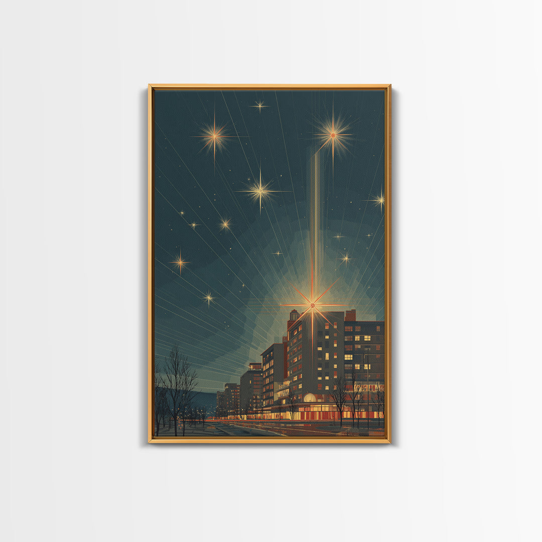 Radiant Starburst Skyline Over Waterfront Wall Art, Mid Century Modern City Print, Retro Night Decor, Office Poster Gift