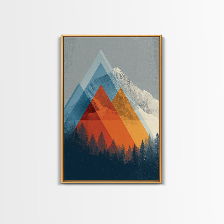 Snowy Alpine Peak With Orange Blue Triangles Framed Canvas Print, Mid Century Modern Wall Art, Forest Landscape Decor Print