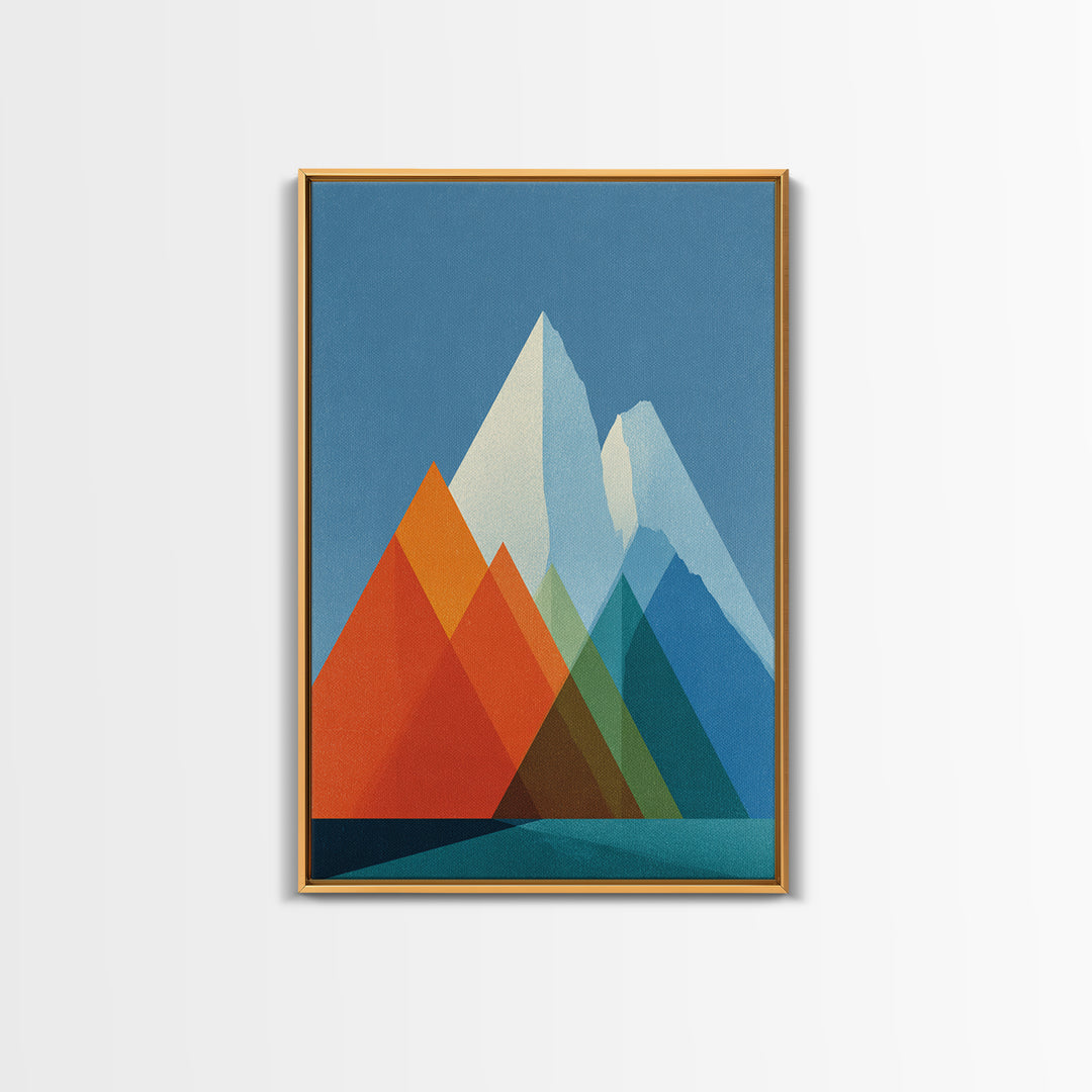 Minimalist Blue And Orange Mountain Triangles Wall Art, Mid Century Modern Canvas Print, Geometric Landscape Home Decor Gift