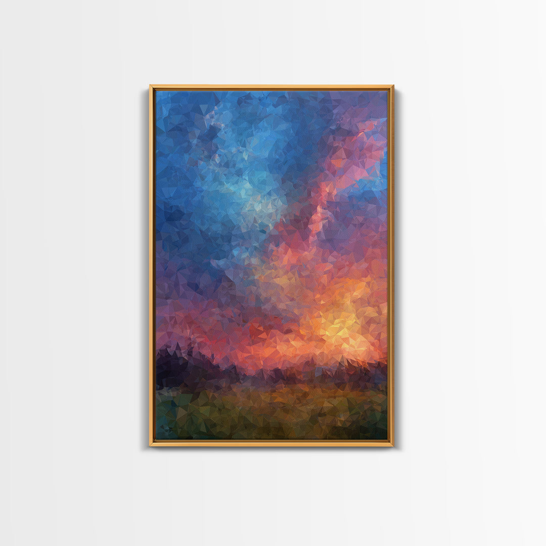 Polygon Sunset Sky With Blue Pink Clouds Wall Art, Colorful Landscape Poster, Abstract Nature Art, Modern Bedroom Decor Print