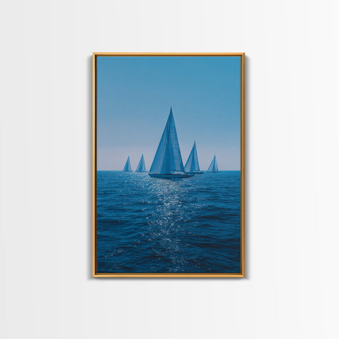 Blue Sailboats On Sparkling Ocean Wall Art, Mid Century Modern Canvas Print, Nautical Coastal Decor, Beach House Poster Gift
