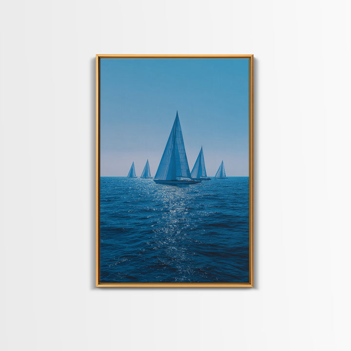 Blue Sailboats On Sparkling Ocean Wall Art, Mid Century Modern Canvas Print, Nautical Coastal Decor, Beach House Poster Gift