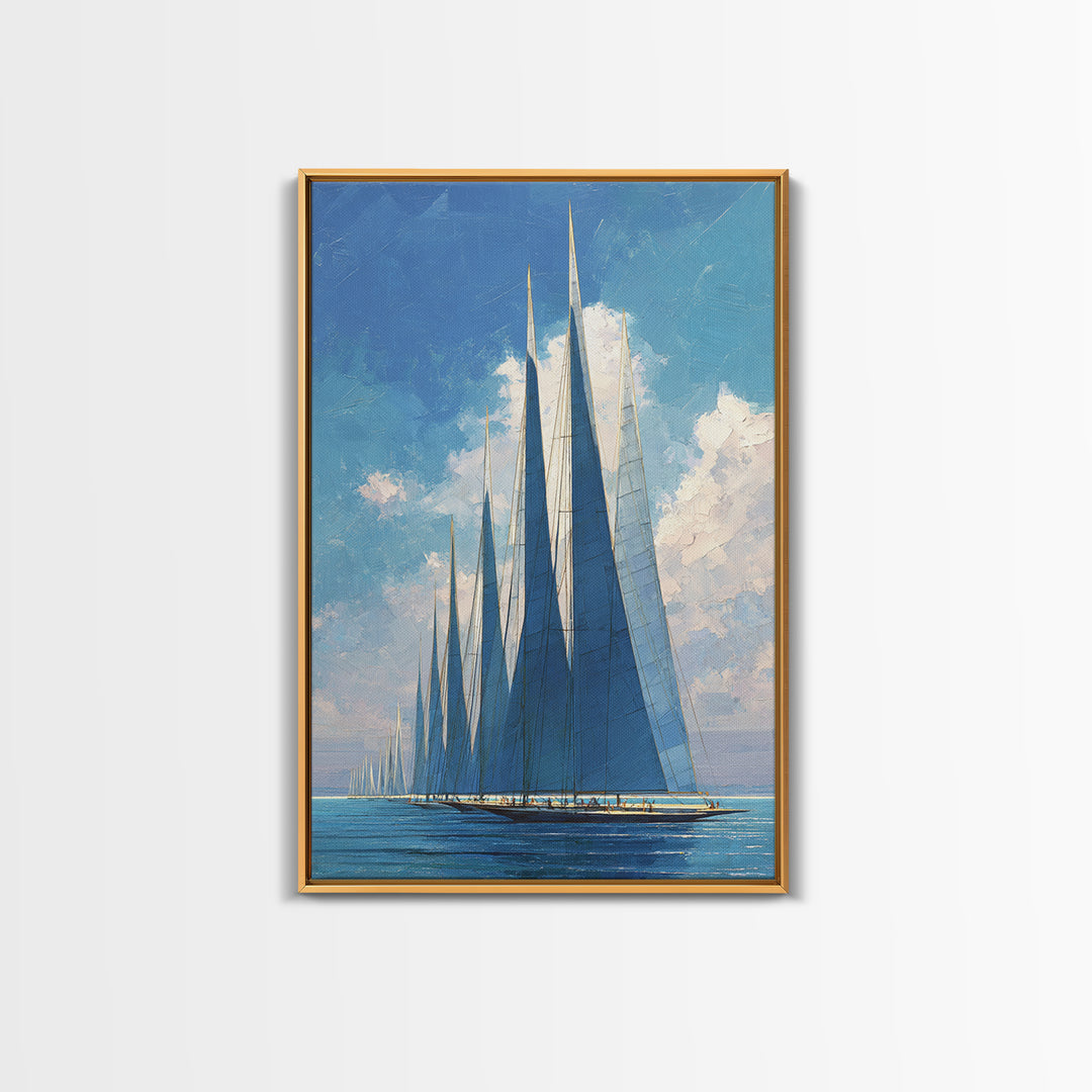 Blue Sailboat Fleet On Sparkling Sea Wall Art, Nautical Coastal Decor, Modern Art Print, Living Room Ocean Canvas, Boat Lover Gift