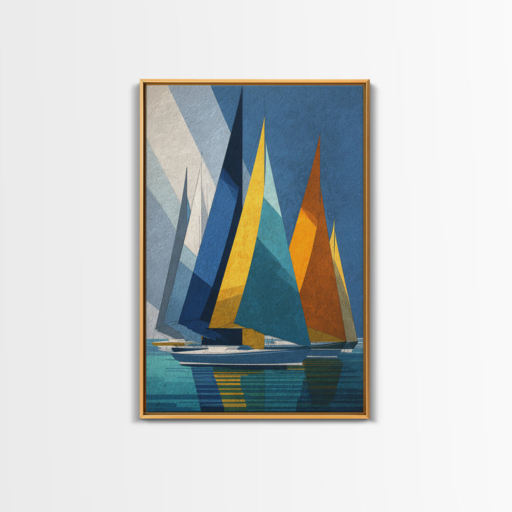 Geometric Sailboats With Yellow And Orange Sails Canvas Print, Midcentury Modern Wall Art, Coastal Nautical Decor, Boat Lover Gift