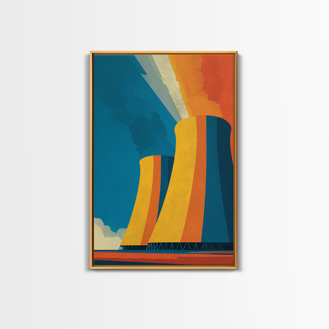 Orange Teal Cooling Towers Canvas Print, Industrial Architecture Wall Art, Retro Modern Decor, Bold Energy Poster, Office Statement Piece