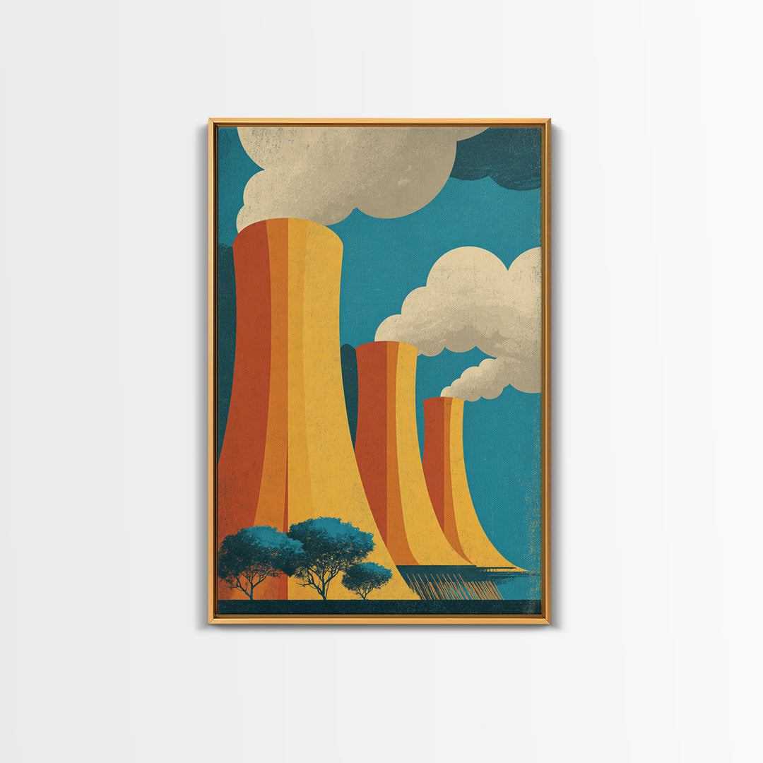 Three Orange Cooling Towers With Steam Framed Canvas Print, Industrial Wall Art, Retro Modern Decor, Power Plant Posters