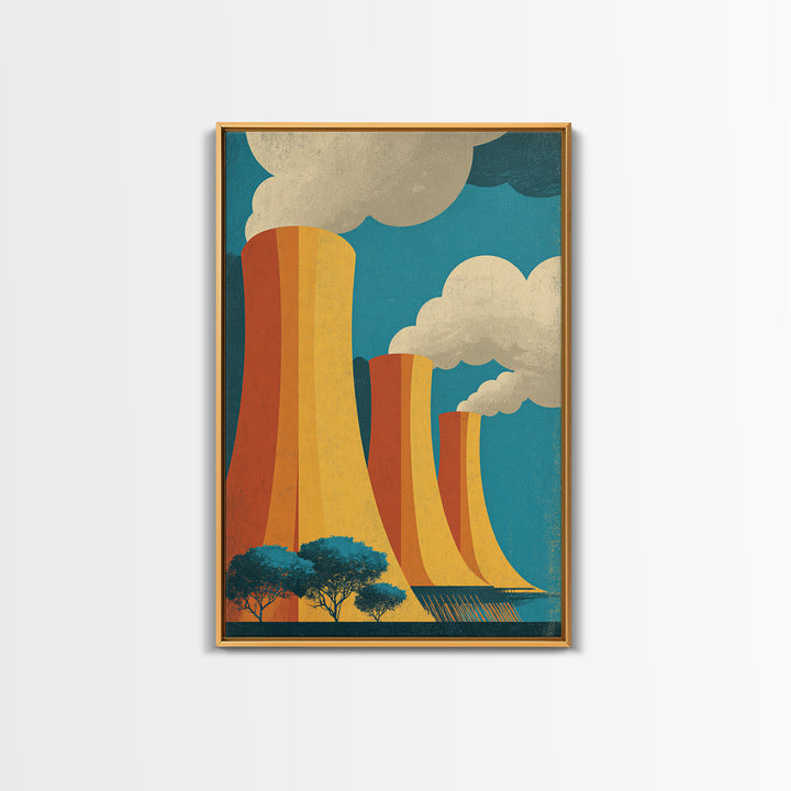 Three Orange Cooling Towers With Steam Framed Canvas Print, Industrial Wall Art, Retro Modern Decor, Power Plant Posters