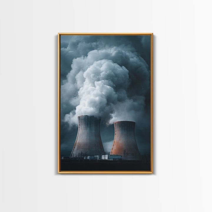 Dark Cooling Towers Under Storm Clouds Wall Art, Industrial Photography Print, Modern Office Decor, Dramatic Power Plant