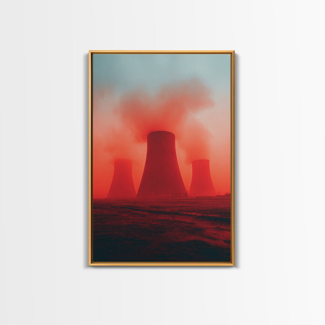 Red Fog Cooling Towers At Dusk Canvas Print, Industrial Landscape Wall Art, Moody Modern Decor, Power Plant Poster, Statement Piece
