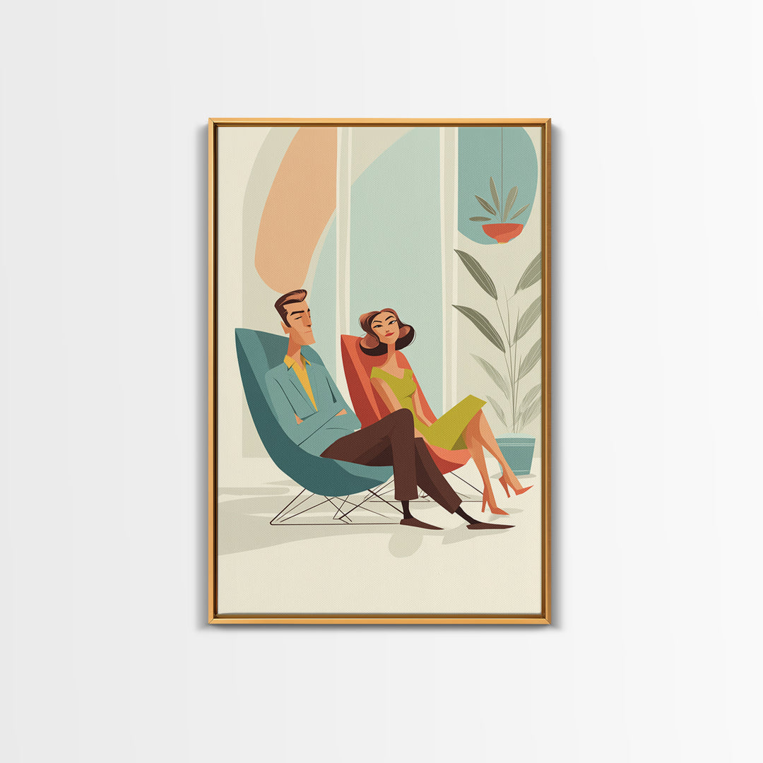 Elegant Midcentury Couple In Teal Chair Framed Canvas Print, Modern Wall Art, Retro Home Decor, MCM Gallery Wall Print Gift