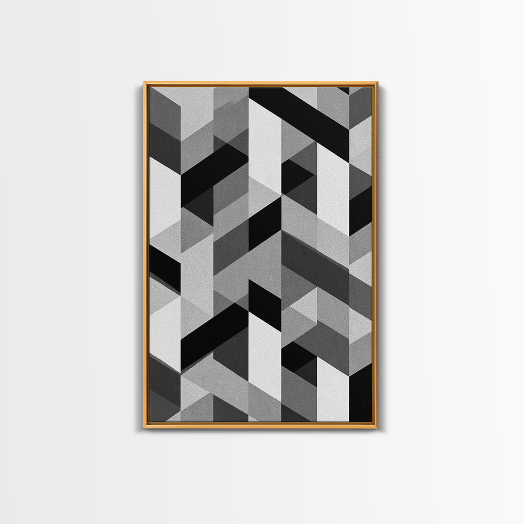 Grayscale Cubist Geometric Pattern Wall Art, Modern Abstract Art Print, Black White Office Decor, MCM Home Decor Canvas Print