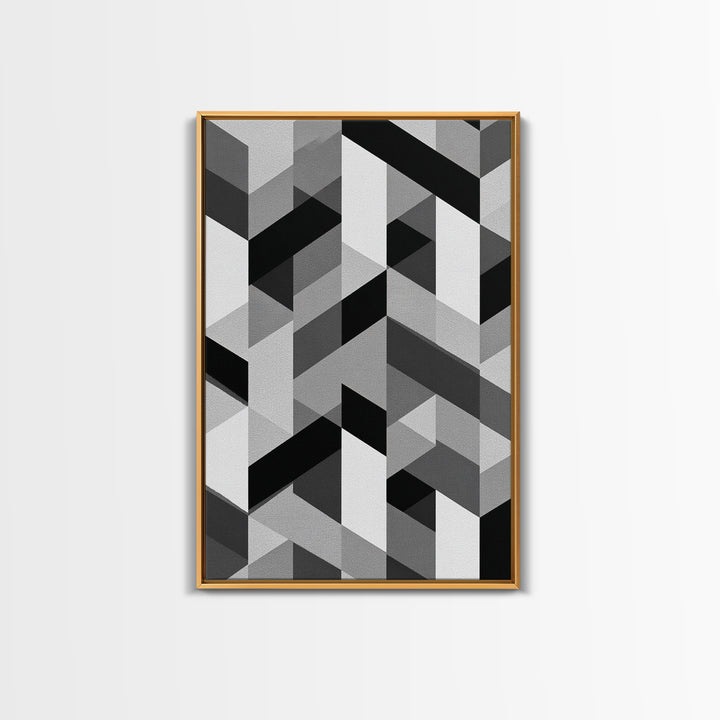 Grayscale Cubist Geometric Pattern Wall Art, Modern Abstract Art Print, Black White Office Decor, MCM Home Decor Canvas Print