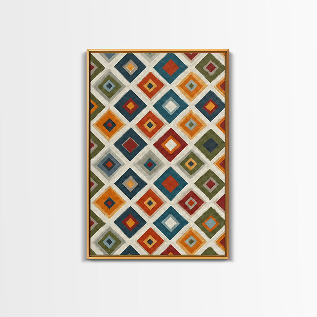 Retro Diamond Tile Pattern Wall Art, Midcentury Modern Decor, Geometric Canvas Print, Earth Tone MCM Gallery Wall Decor Print