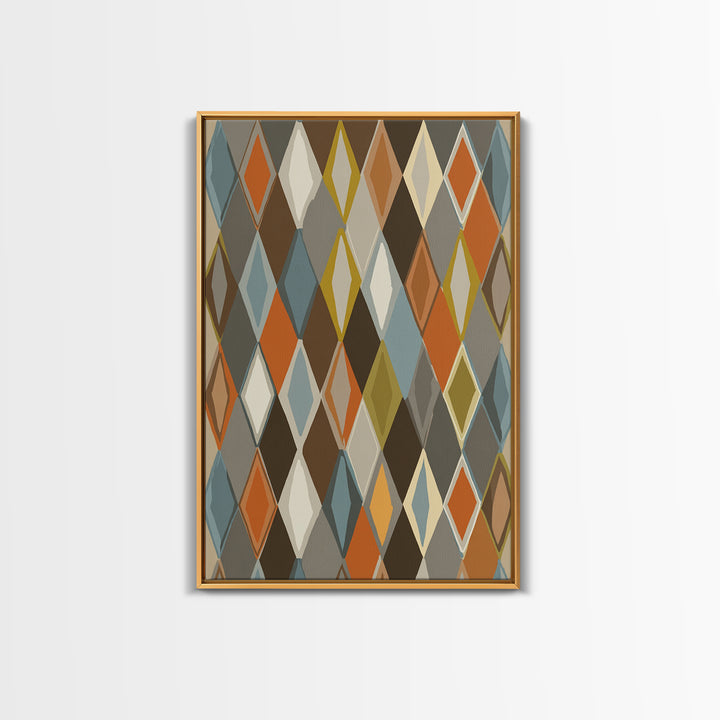 Earthy Argyle Diamond Pattern Framed Canvas Print, Mid Century Modern Wall Decor, Retro Geometric Abstract Art, Orange Blue