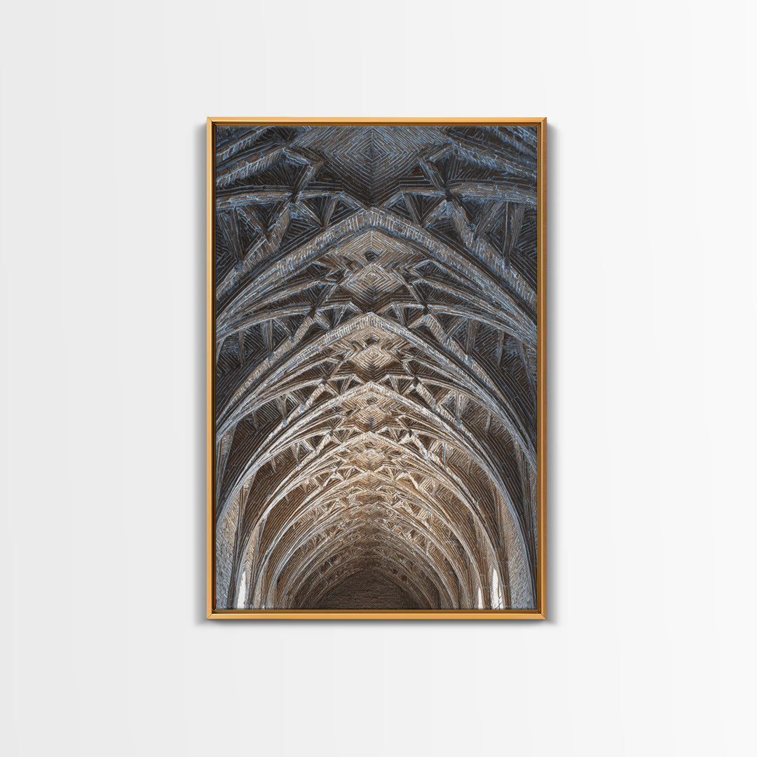 Gothic Vaulted Ceiling Architecture Wall Art, Cathedral Arches Perspective Print, Modern Geometric Decor, Blue Brown Tones