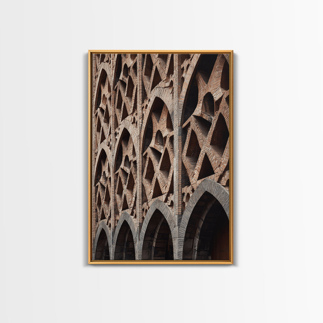 Brick Arch Facade Architecture Canvas Print, Geometric Gothic Arches Wall Decor, Modern Rustic Photo Art, Brown Black Texture