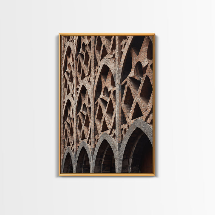 Brick Arch Facade Architecture Canvas Print, Geometric Gothic Arches Wall Decor, Modern Rustic Photo Art, Brown Black Texture
