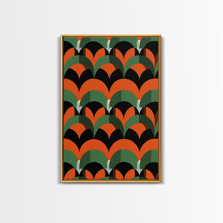 Orange Green Art Deco Fan Pattern Wall Art, Mid Century Modern Abstract Print, Retro Scallop Decor, Bold Black Canvas Home Decor