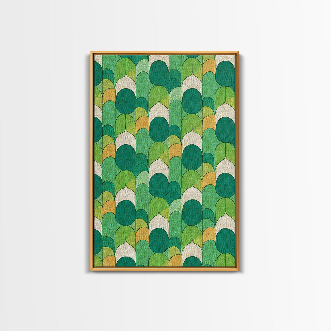 Green Botanical Oval Leaf Pattern Canvas Print, Mid Century Modern Wall Decor, Retro Nature Art, Textured Sage Teal Yellow