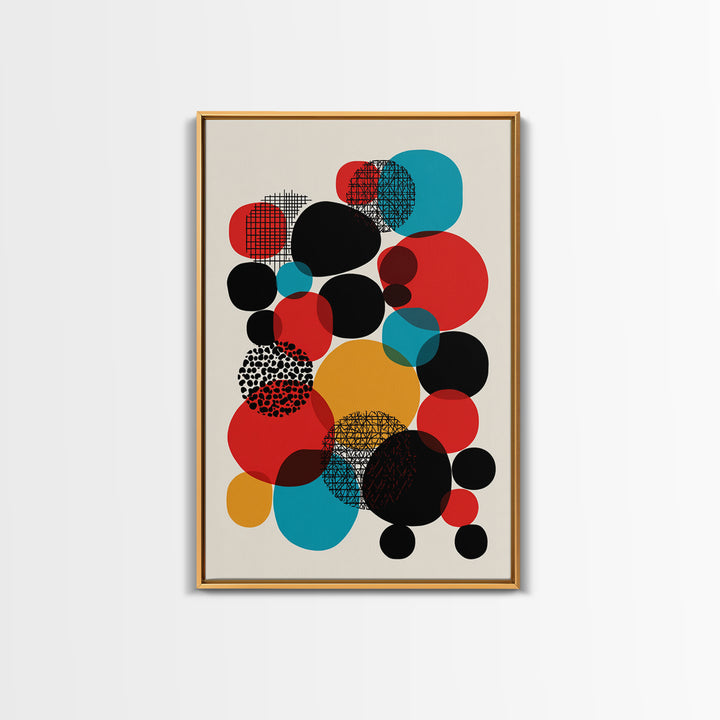 Red Teal Black Circle Cluster Canvas Print, Mid Century Modern Abstract Art, Retro Geometric Wall Decor, Mustard Cream Poster