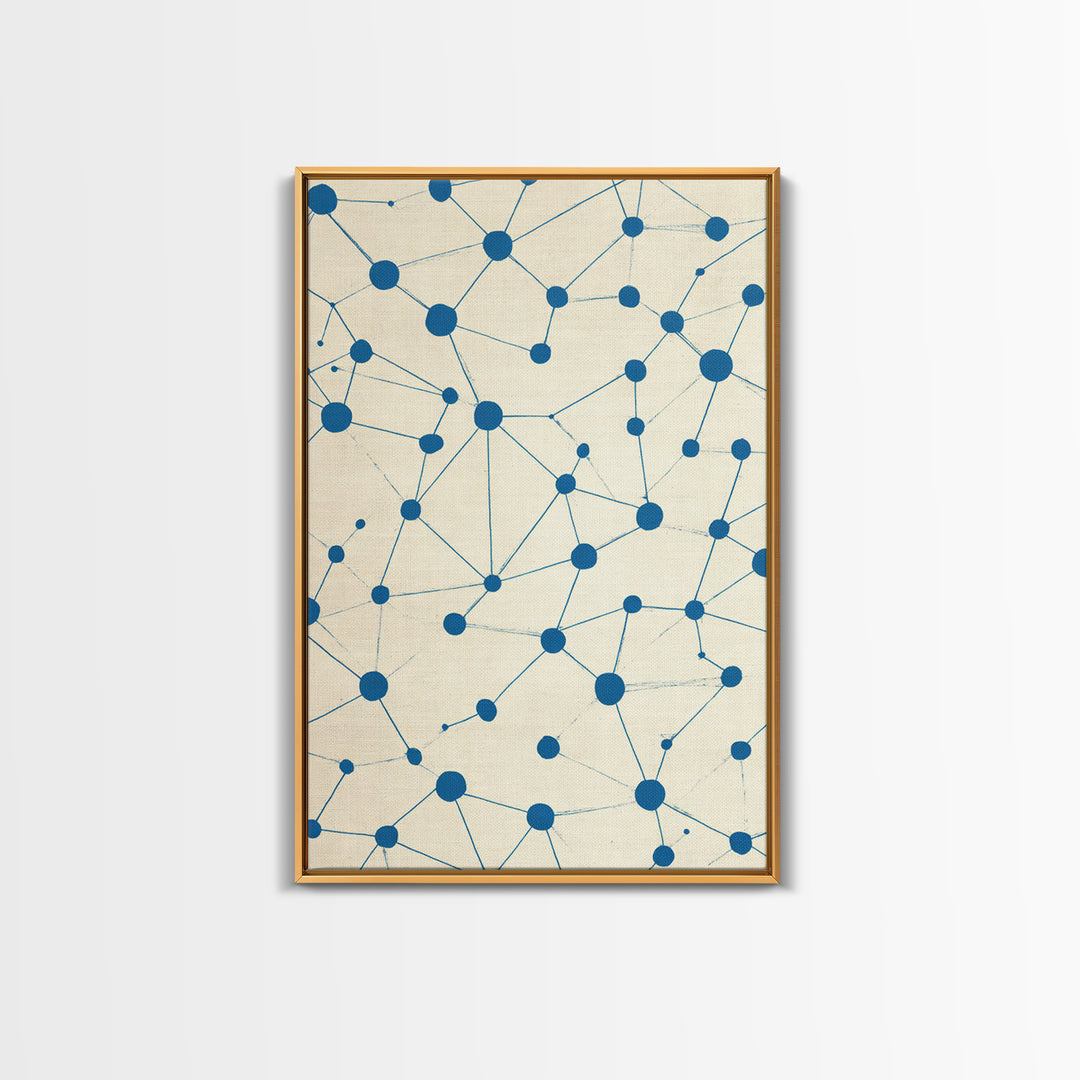 Blue Constellation Dot Pattern Canvas Print, Midcentury Modern Geometric Wall Art, Minimal Abstract Linen Home Office Decor