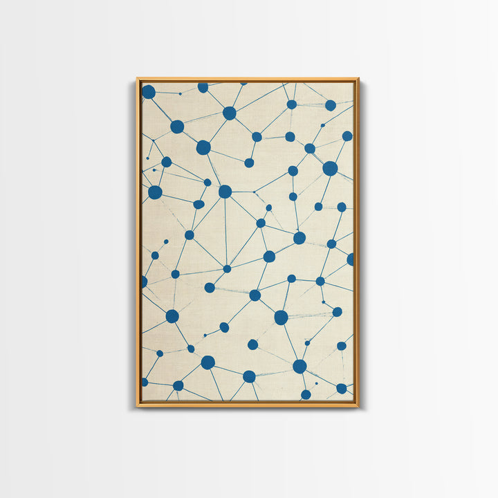 Blue Constellation Dot Pattern Canvas Print, Midcentury Modern Geometric Wall Art, Minimal Abstract Linen Home Office Decor