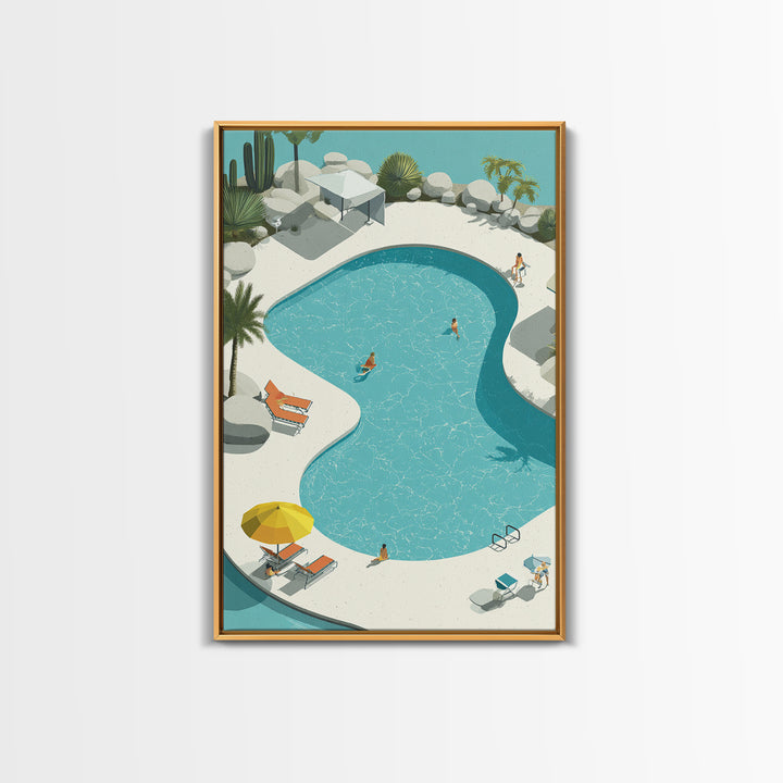 Aerial Desert Pool With Palms Wall Art, Midcentury Modern Palm Springs Print, Retro Vacation Resort Living Room Home Decor