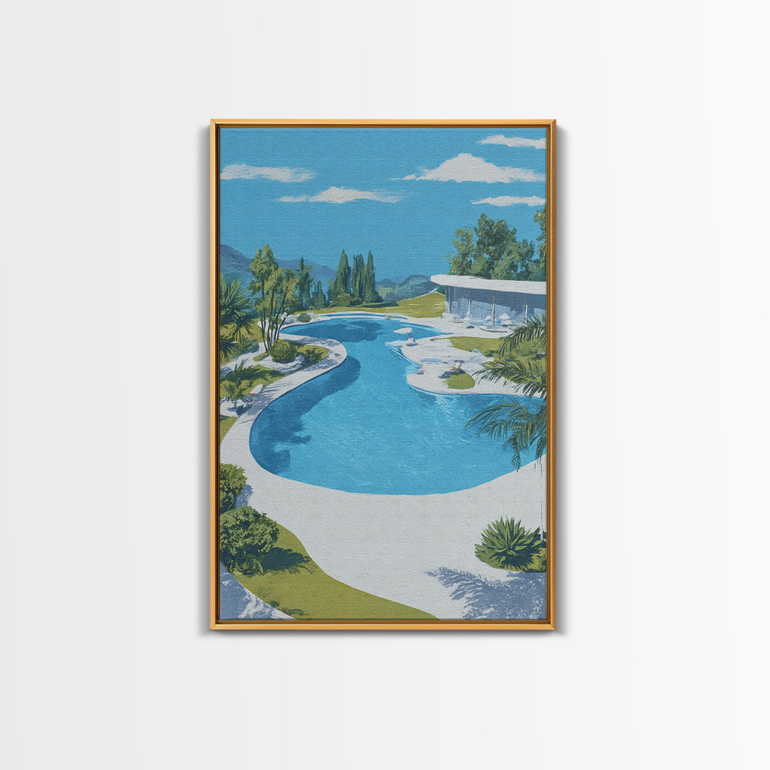 Midcentury Pool And Glass House Landscape Canvas Print, Palm Springs Modern Wall Art, Retro Architecture Living Room Home Decor