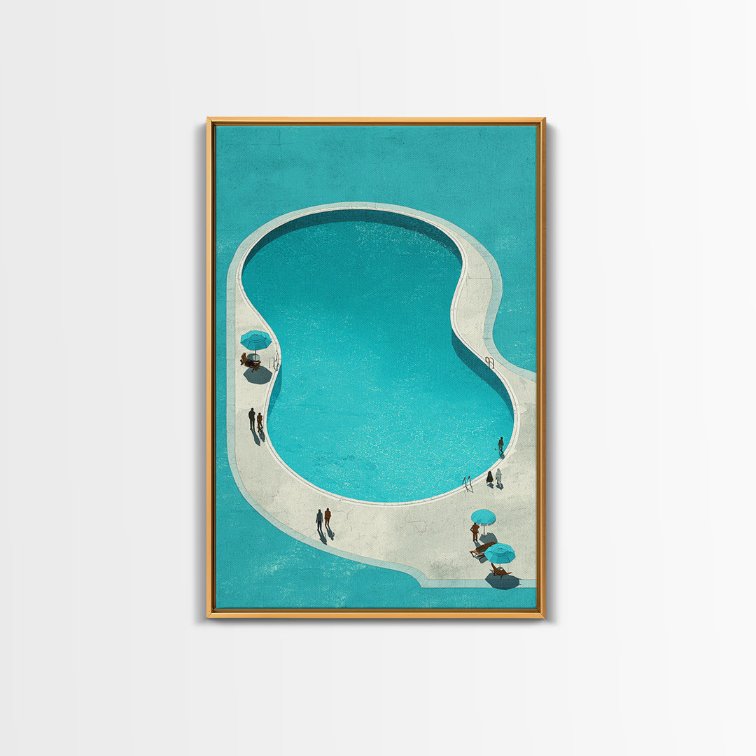 Minimal Turquoise Resort Pool Framed Canvas Print, Midcentury Modern Wall Art, Palm Springs Retro Travel Poster Living Room Decor