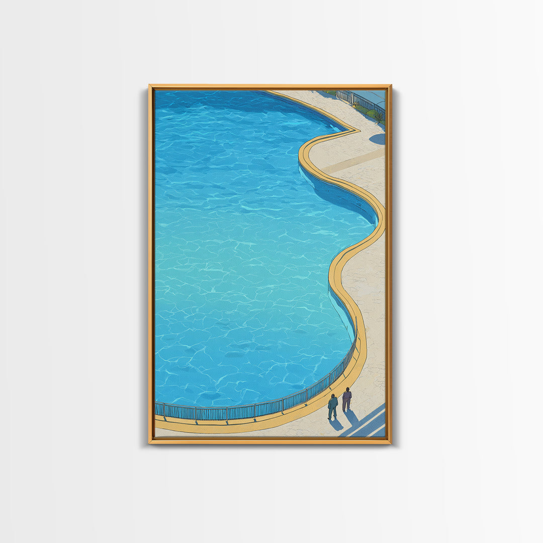 Curved Blue Swimming Pool Wall Art, Midcentury Modern Coastal Resort Print, Minimal Summer Travel Living Room Home Decor