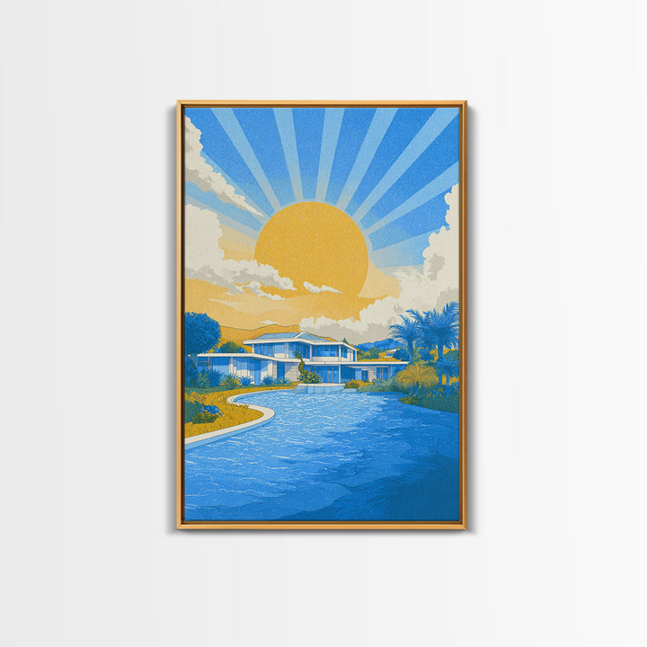 Blue Poolside Modern House With Sun Rays Framed Canvas Print, Mid Century Modern Wall Art, Tropical Palm Springs Decor Poster